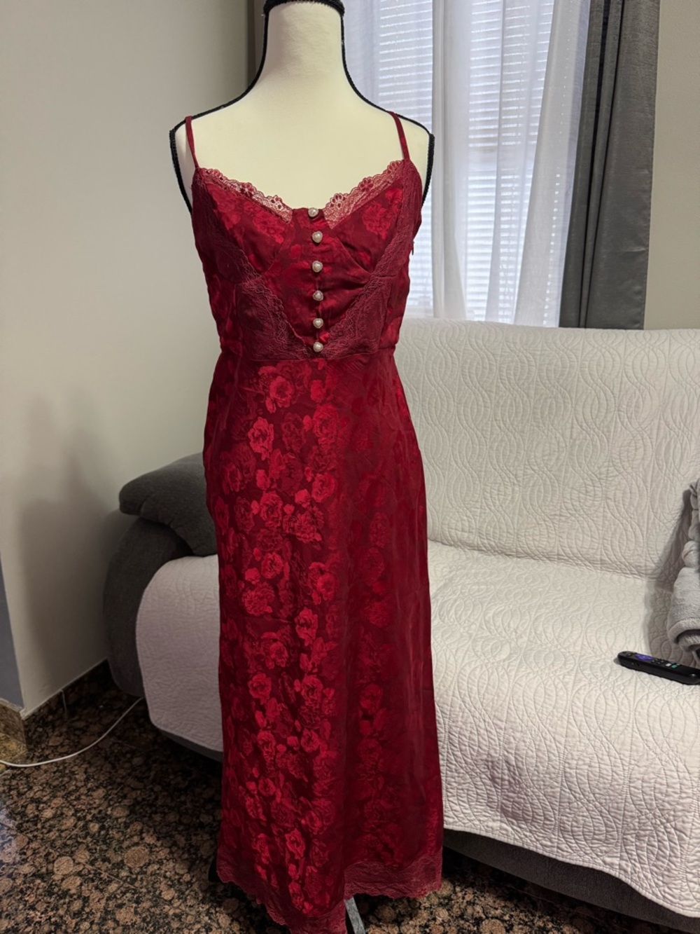 Red Lace Midi Slip Dress with Pearl-Effect Buttons
